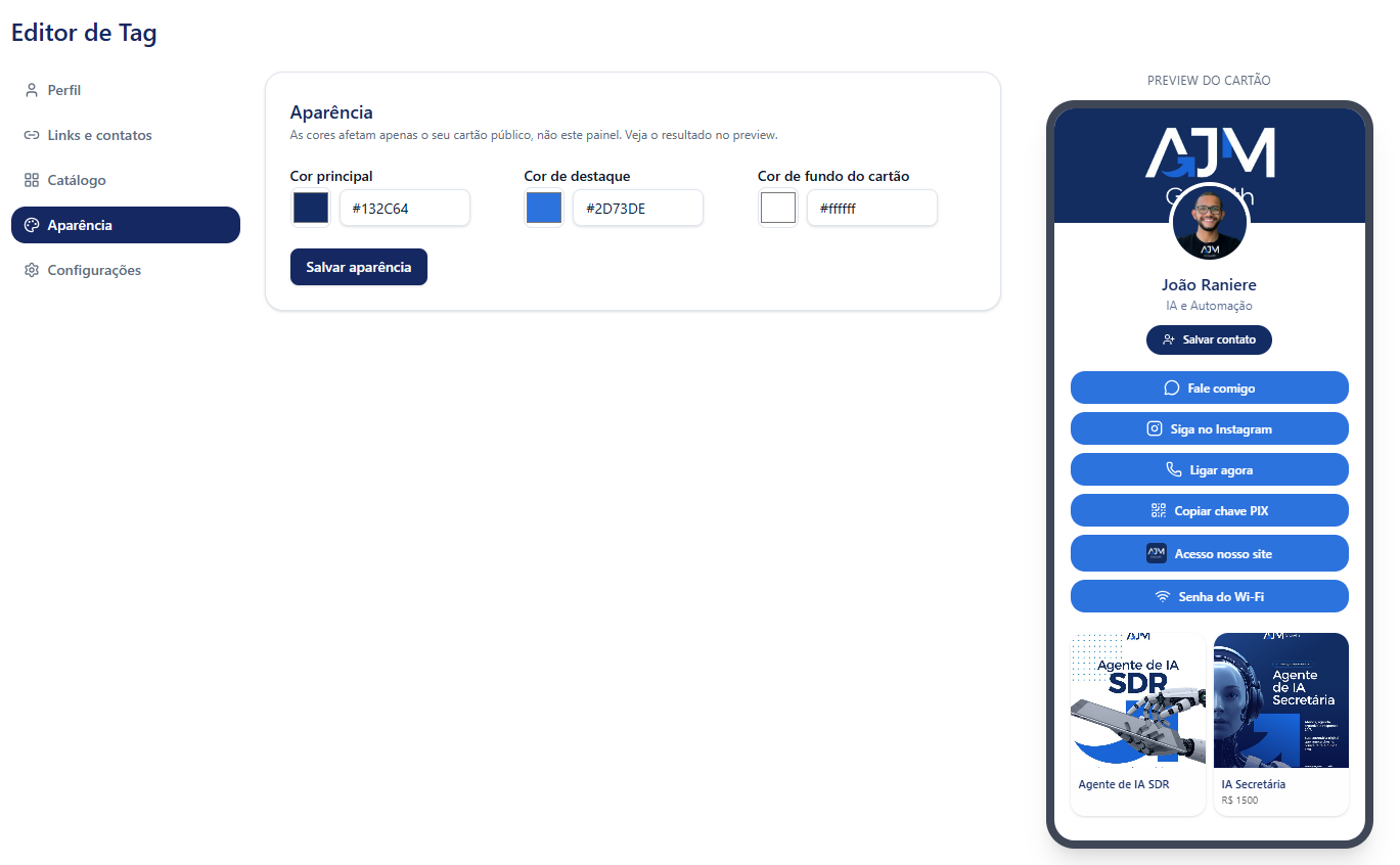 Painel Tag B2B: personalização das cores do cartão