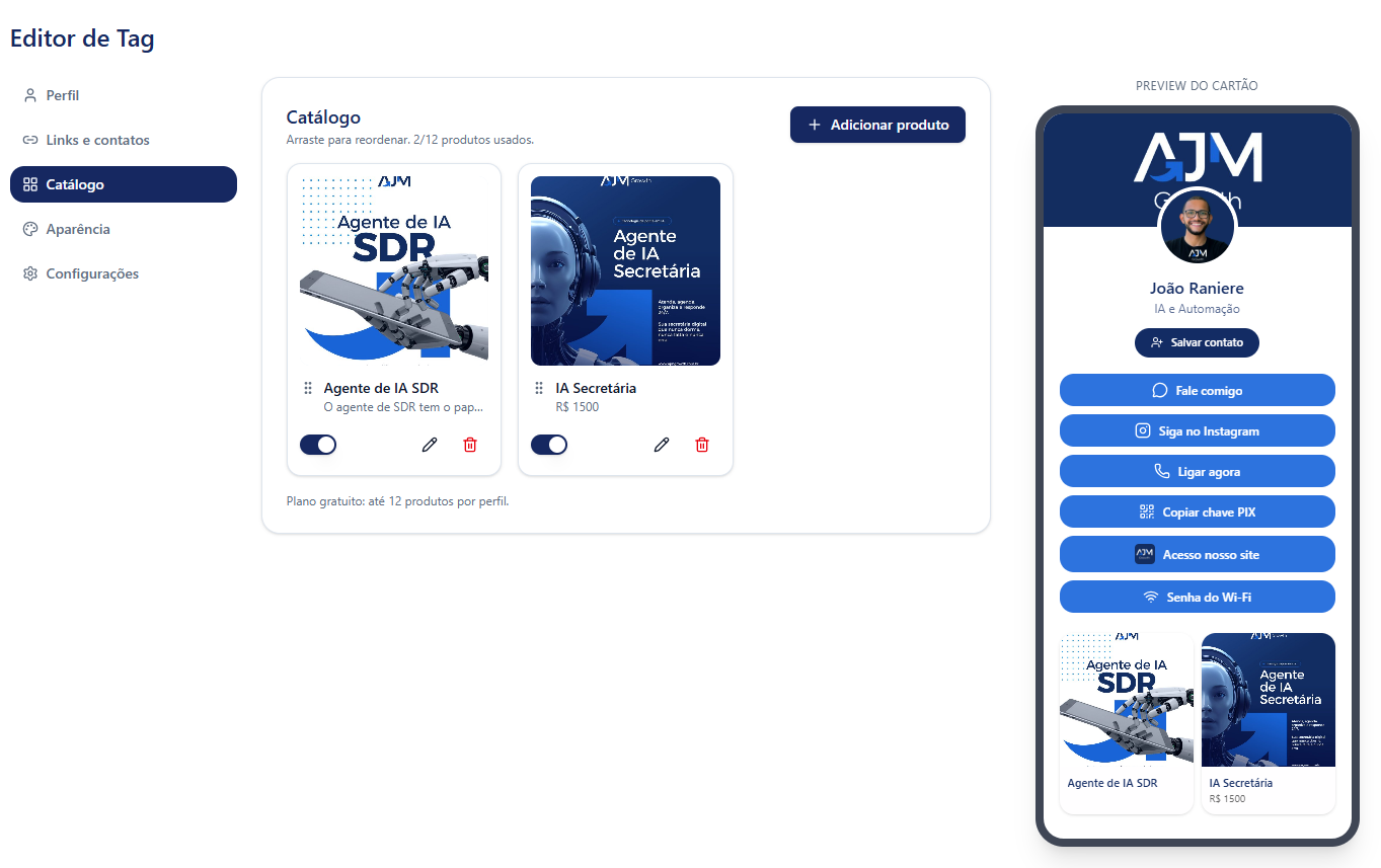 Painel Tag B2B: catálogo de produtos do cartão digital